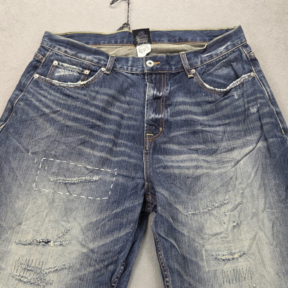 Bad Kids Jeans Mens Selvedge Blue Thrashed Honeycomb Whiskers Skull Fits 34x29 - Picture 11 of 16